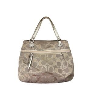 Coach Metallic Signature Jacquard Satchel Champagne Silver Tote Bag Purse